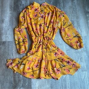 Fraiche by J Mustard Yellow Floral Print Long Sleeve Mini Dress Size M.